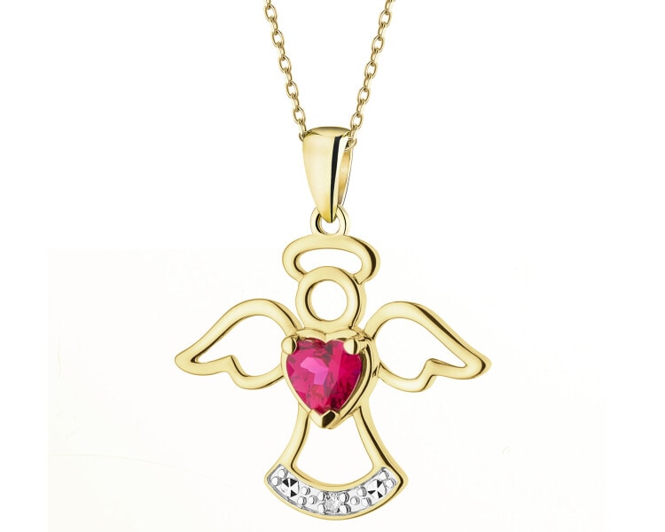 Zawieszka z żółtego złota z diamentem i rubinem syntetycznym - aniołek - próba 375