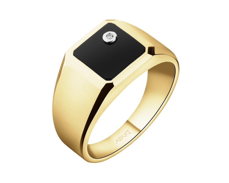 Pierścionek z żółtego złota z brylantem i onyksem - sygnet - próba 585