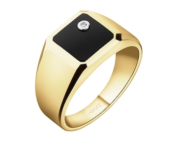 Pierścionek z żółtego złota z brylantem i onyksem - sygnet - próba 585