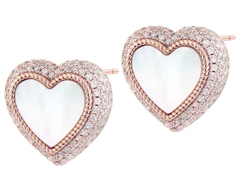 Kolczyki z mosiądzu pozłacane z cyrkoniami i masą perłową - serce