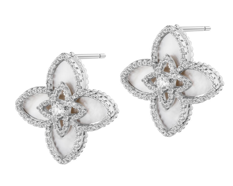 Kolczyki z mosiądzu rodowane z cyrkoniami i masą perłową