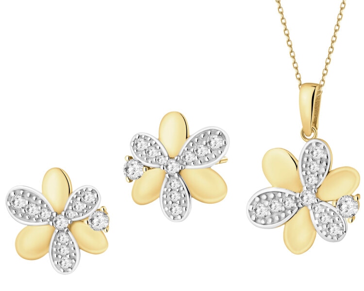 Złote kolczyki i zawieszka z cyrkoniami - komplet - kwiaty