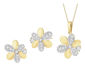 Złote kolczyki i zawieszka z cyrkoniami - komplet - kwiaty