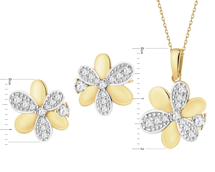 Złote kolczyki i zawieszka z cyrkoniami - komplet - kwiaty