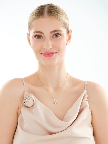 Złote kolczyki i zawieszka z cyrkoniami - komplet - kwiaty