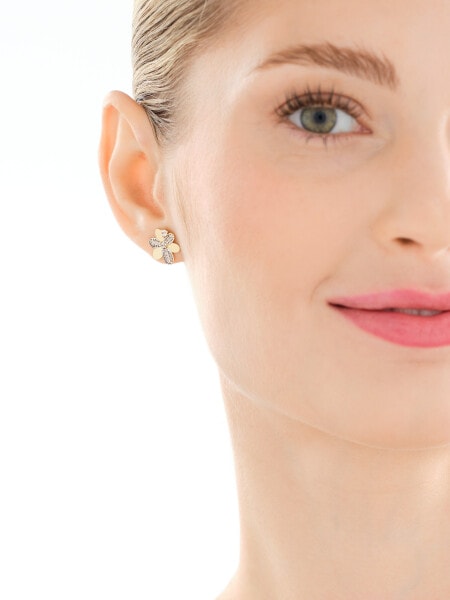 Złote kolczyki i zawieszka z cyrkoniami - komplet - kwiaty