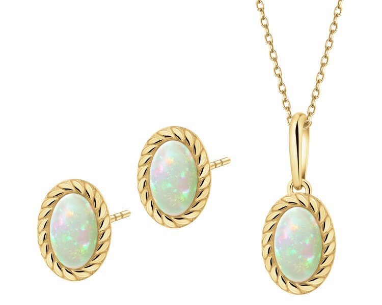 Złote kolczyki z opalami syntetycznymi - komplet