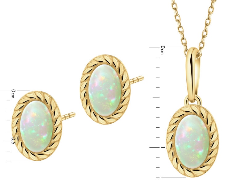 Zlaté náušnice a přívěsek se syntetickými opály - souprava