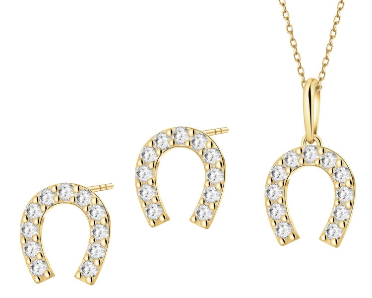 Złote kolczyki i zawieszka z cyrkoniami - komplet - podkowy