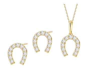 Złote kolczyki i zawieszka z cyrkoniami - komplet - podkowy