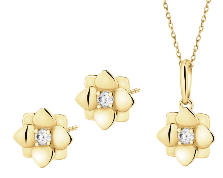 Złote kolczyki i zawieszka z cyrkoniami - komplet - kwiaty