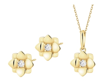 Złote kolczyki i zawieszka z cyrkoniami - komplet - kwiaty