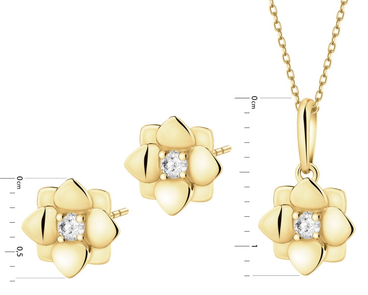 Złote kolczyki i zawieszka z cyrkoniami - komplet - kwiaty