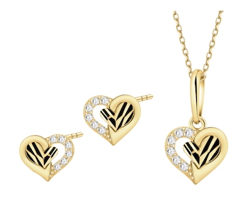 Złote kolczyki i zawieszka z cyrkoniami - komplet - serca