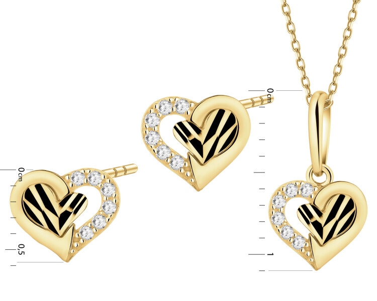 Złote kolczyki i zawieszka z cyrkoniami - komplet - serca
