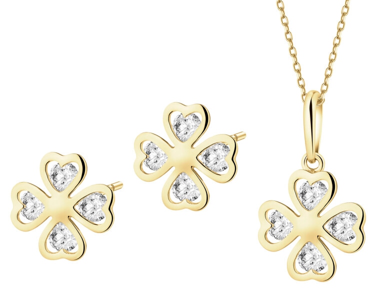 Złote kolczyki i zawieszka z cyrkoniami - komplet - koniczyny