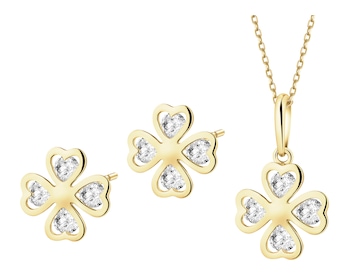 Złote kolczyki i zawieszka z cyrkoniami - komplet - koniczyny