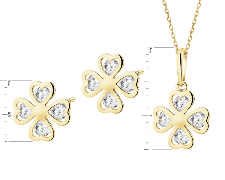 Złote kolczyki i zawieszka z cyrkoniami - komplet - koniczyny