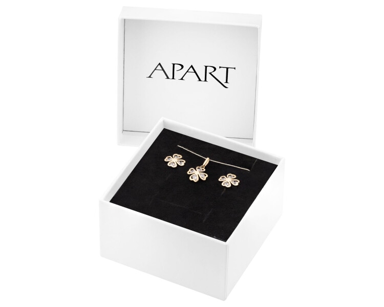 Złote kolczyki i zawieszka z cyrkoniami - komplet - koniczyny