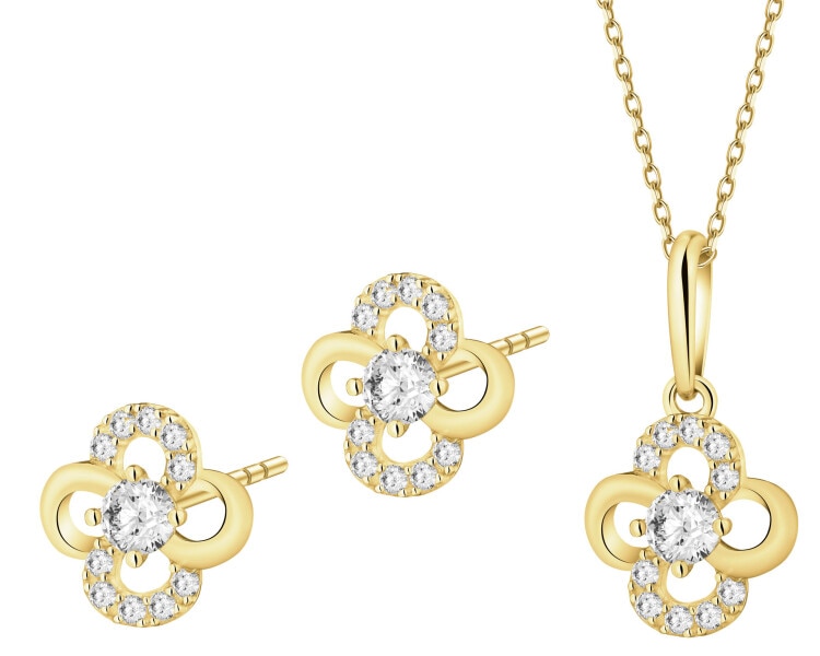 Złote kolczyki i zawieszka z cyrkoniami - komplet - kwiaty