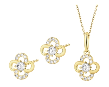 Złote kolczyki i zawieszka z cyrkoniami - komplet - kwiaty