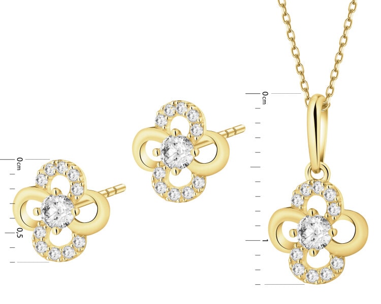 Złote kolczyki i zawieszka z cyrkoniami - komplet - kwiaty