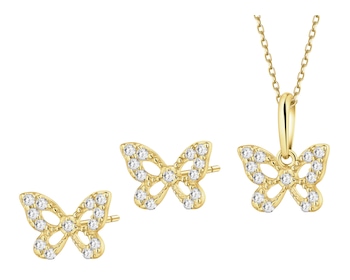 Złote kolczyki i zawieszka z cyrkoniami - komplet - motyle