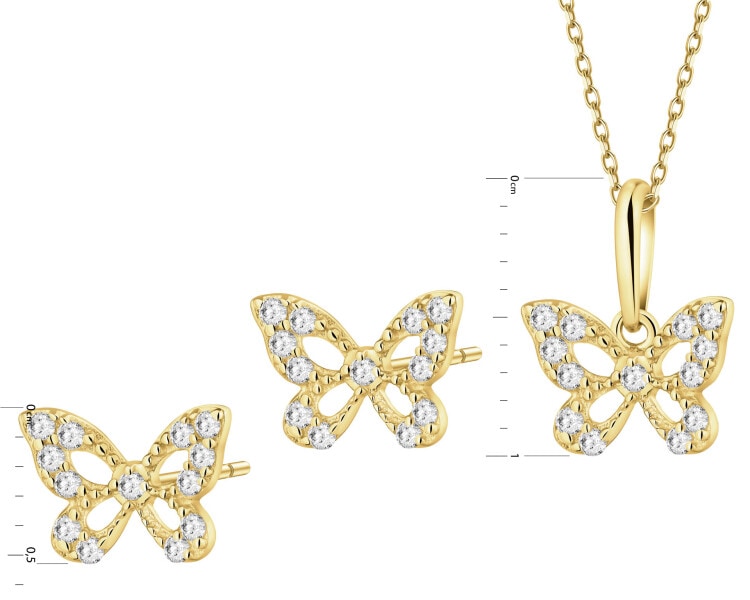 Złote kolczyki i zawieszka z cyrkoniami - komplet - motyle