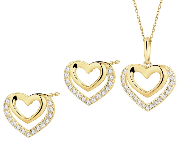Złote kolczyki i zawieszka z cyrkoniami - komplet - serca
