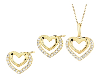 Złote kolczyki i zawieszka z cyrkoniami - komplet - serca
