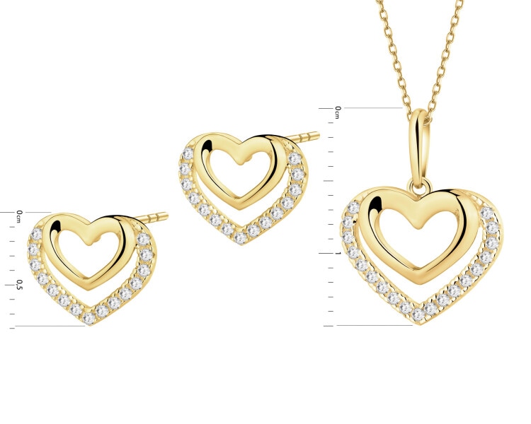 Złote kolczyki i zawieszka z cyrkoniami - komplet - serca