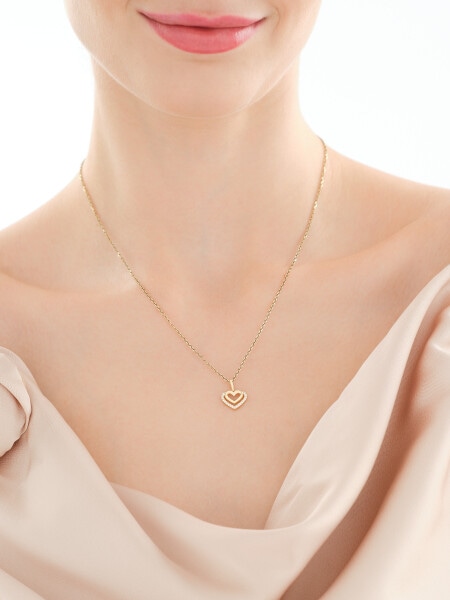 Złote kolczyki i zawieszka z cyrkoniami - komplet - serca