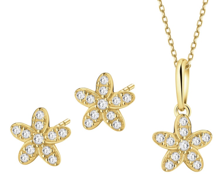 Złote kolczyki i zawieszka z cyrkoniami - komplet - kwiaty