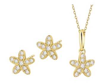 Złote kolczyki i zawieszka z cyrkoniami - komplet - kwiaty