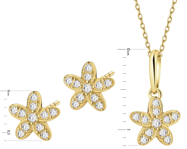 Złote kolczyki i zawieszka z cyrkoniami - komplet - kwiaty