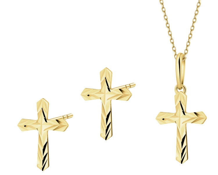 Złote kolczyki i zawieszka z cyrkoniami - komplet - krzyże