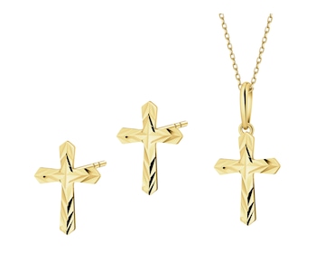 Złote kolczyki i zawieszka z cyrkoniami - komplet - krzyże
