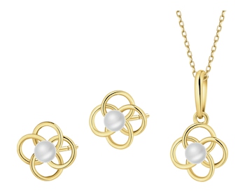 Złote kolczyki i zawieszka z perłami - komplet