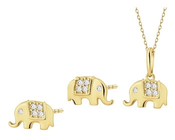 Złote kolczyki i zawieszka z cyrkoniami - komplet - słonie