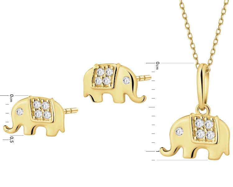 Złote kolczyki i zawieszka z cyrkoniami - komplet - słonie