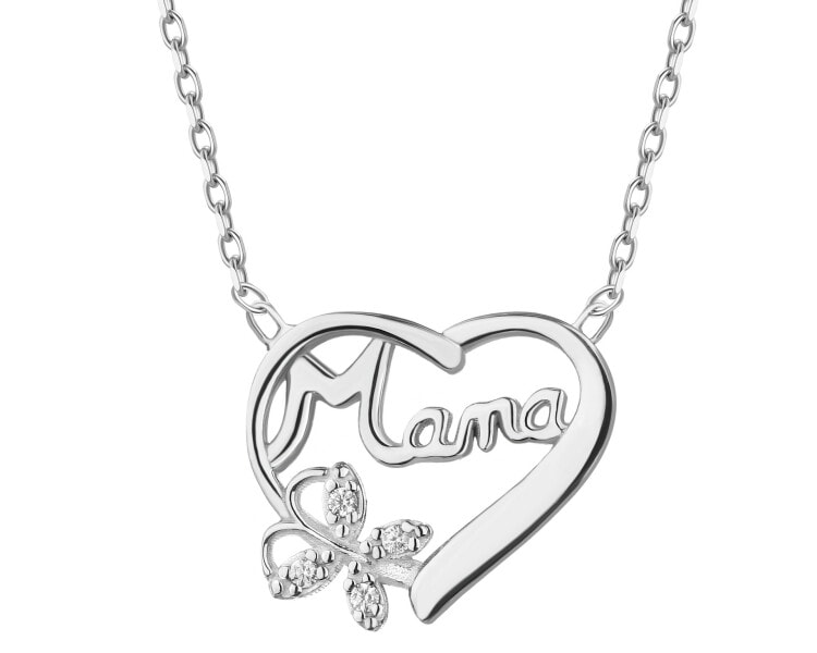 Naszyjnik srebrny z cyrkoniami - mama, serce