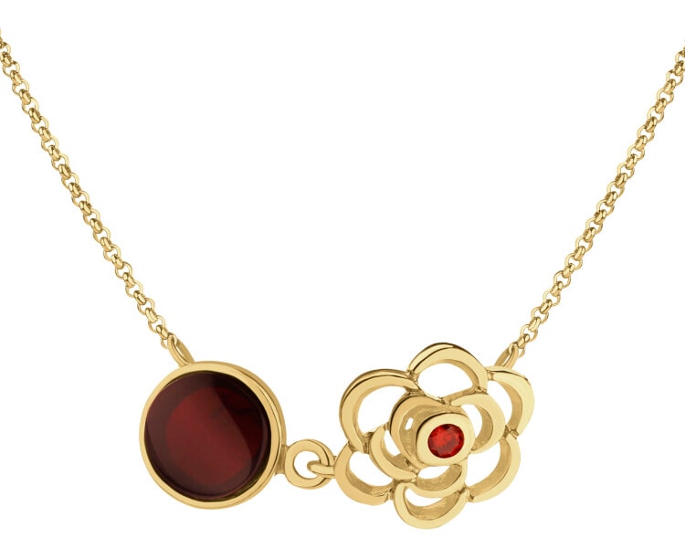 Naszyjnik srebrny z bursztynem i rubinem syntetycznym - kwiat, koło