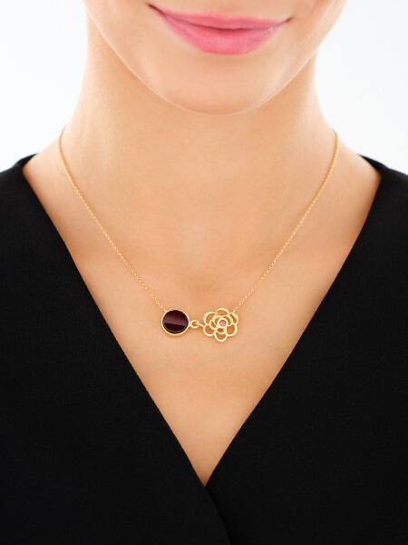 Naszyjnik srebrny z bursztynem i rubinem syntetycznym - kwiat, koło