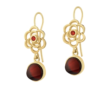 Kolczyki srebrne z bursztynem i rubinami syntetycznymi