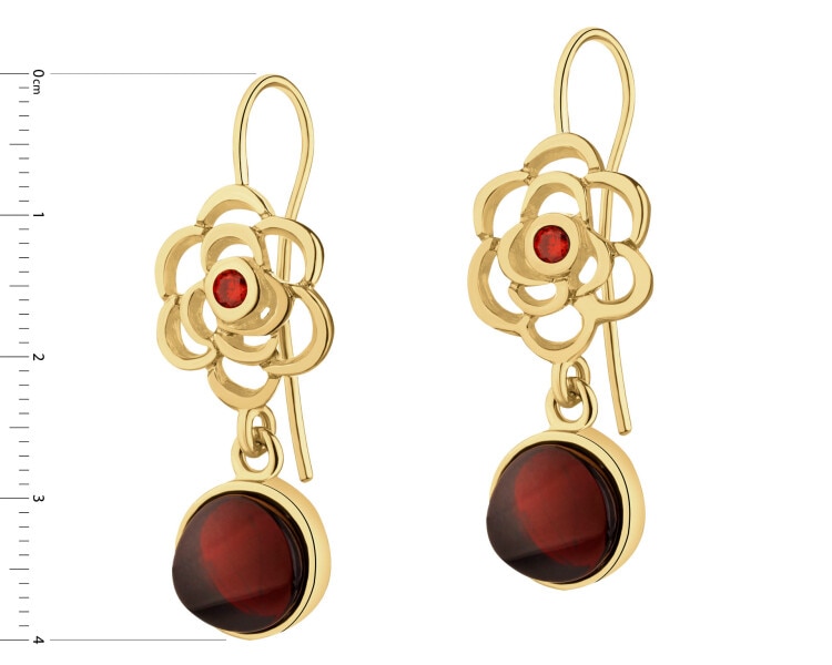 Kolczyki srebrne z bursztynem i rubinami syntetycznymi