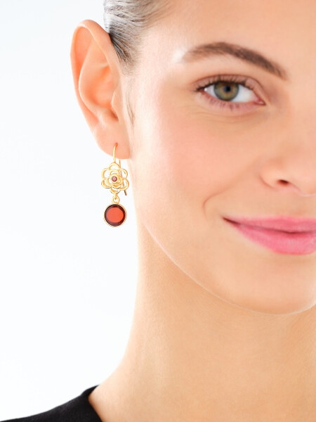 Kolczyki srebrne z bursztynem i rubinami syntetycznymi