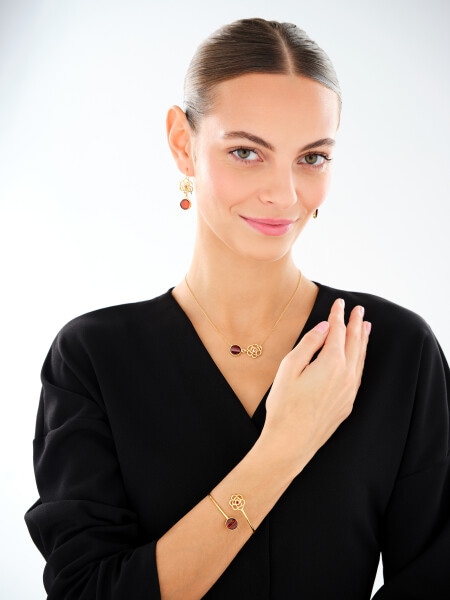 Kolczyki srebrne z bursztynem i rubinami syntetycznymi