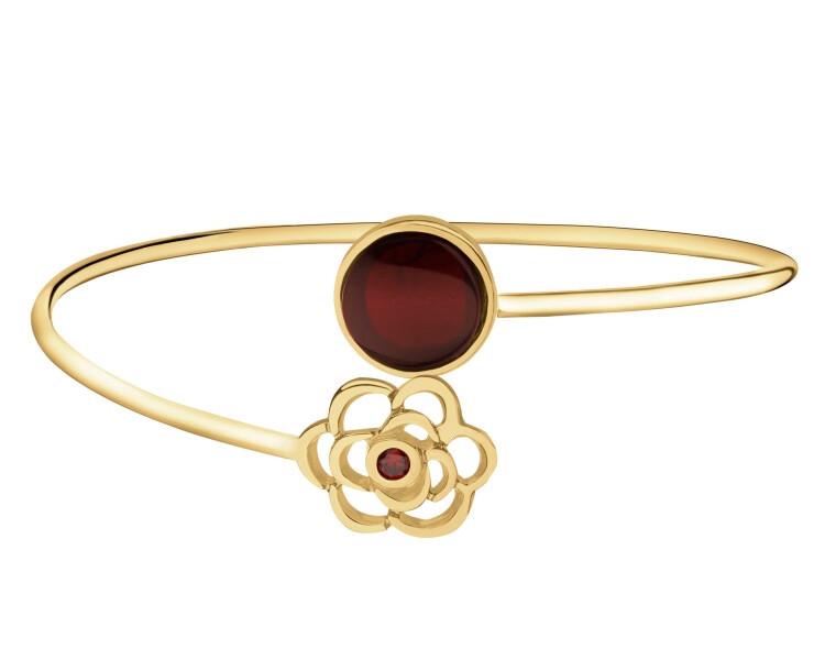 Bransoletka srebrna z bursztynem i rubinem syntetycznym - kwiat, koło