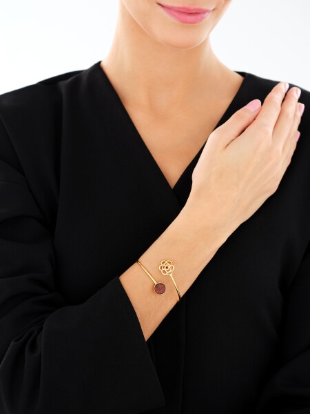 Bransoletka srebrna z bursztynem i rubinem syntetycznym - kwiat, koło