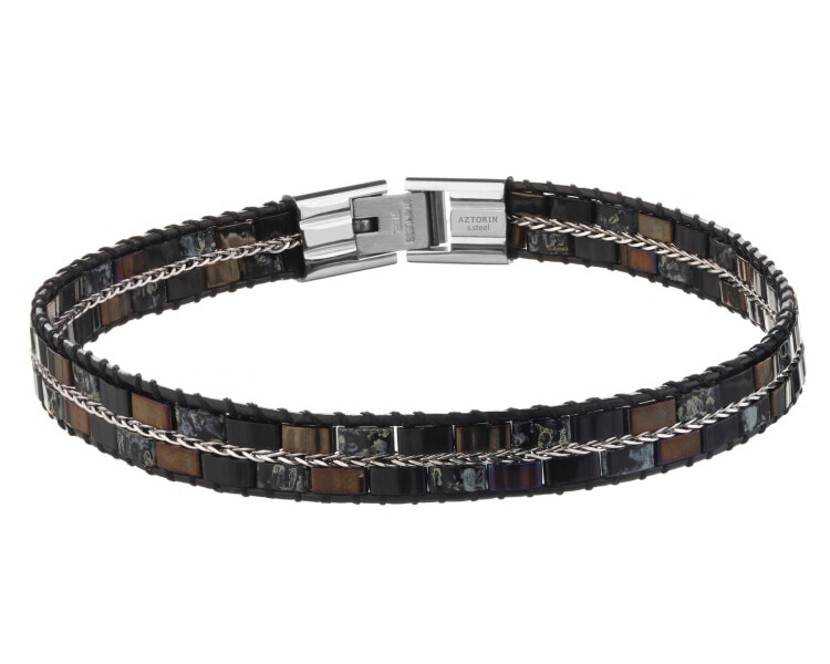 Bransoletka ze stali szlachetnej i skóry ze szklanymi detalami